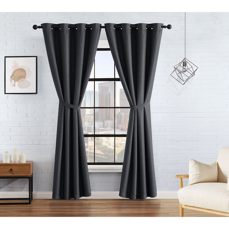 Lucky Brand Ember Thermal Woven Room Darkening Grommet Window Curtain Panel Pair with Tiebacks