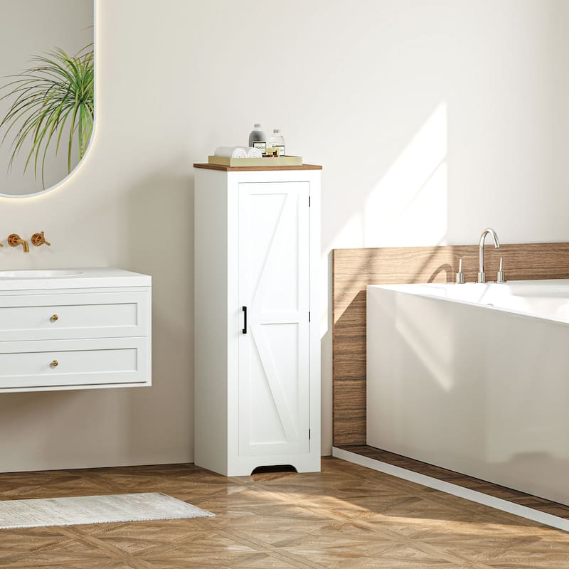 Rustic White and Brown Barn Door Storage Cabinet with Adjustable Shelves and Farmhouse Design - 15.7" W x 15" D x 47.2" H
