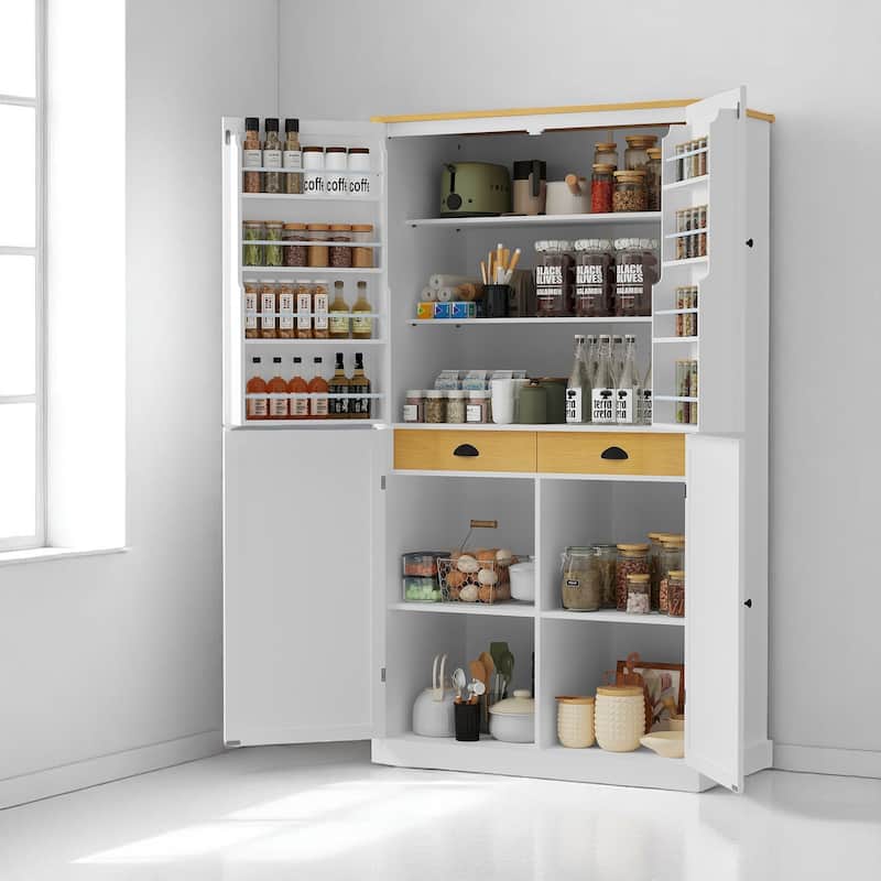 40.2" Wide Freestanding Kitchen Pantry with Adjustable Shelves, 2 Drawers, 8 Door Racks, White MDF Storage Cabinet
