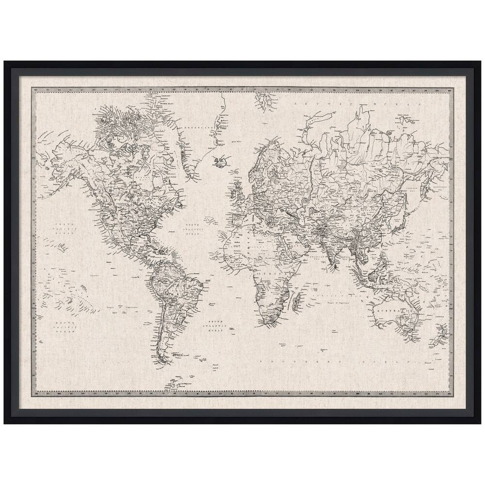 Kate and Laurel Framed Fabric Pinboard Vintage Black and White Linen World Map Wall Organization