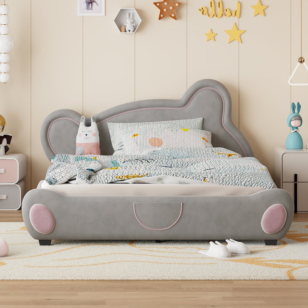 Velvet Platform Bed with Bear Headboard and Storage Pocket