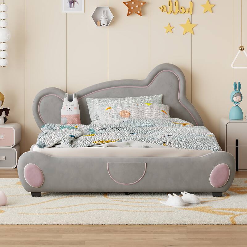 Velvet Platform Bed with Bear-Shaped Headboard and Bed-End Storage Pocket