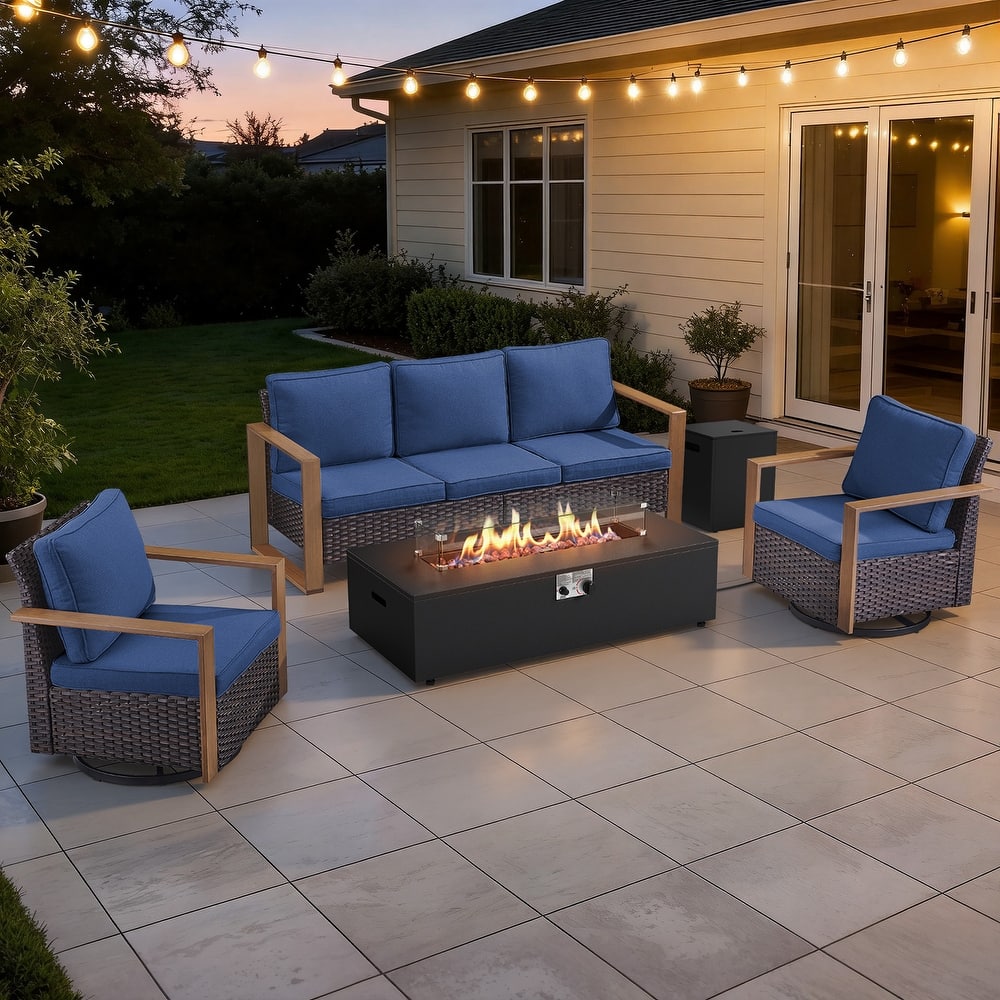 Meyreso Wicker Outdoor Patio Fire Pit Set with Swivel Gliders & 4.5-Inch Olefin Cushions