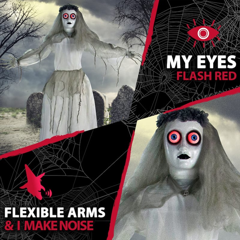 Haunted Hill Farm 5-Ft. Animatronic Bride, Indoor/Outdoor Halloween Decoration, Eyes Light Up Red, Poseable, Battery-Operated