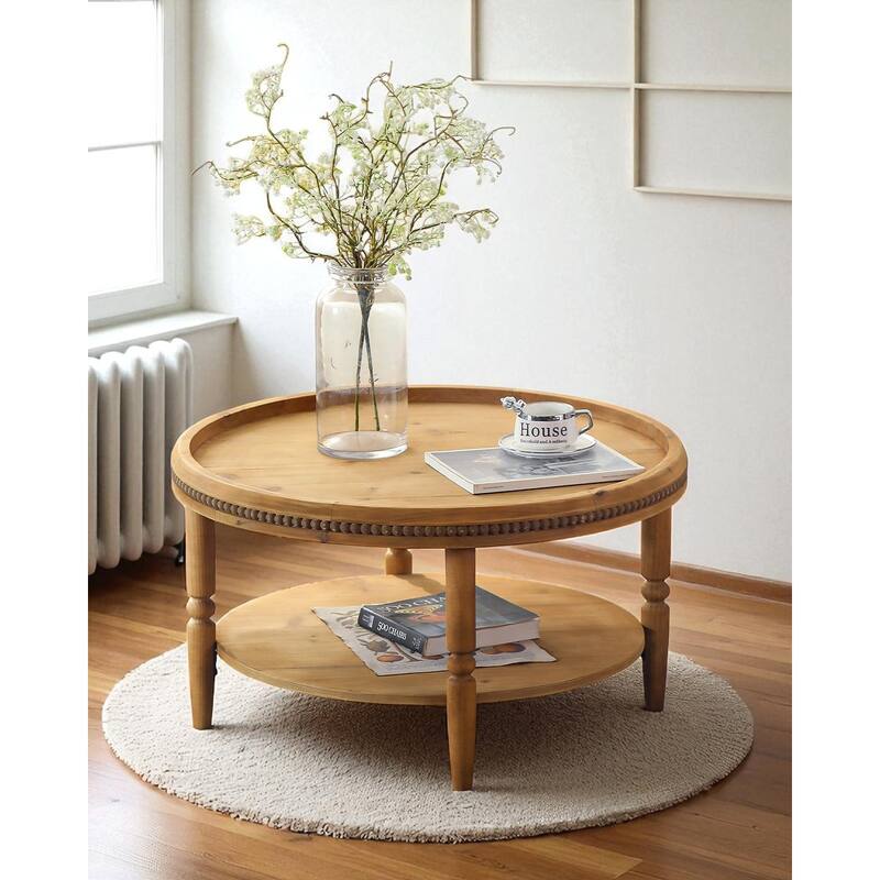 31.3" Round Boho Coffee Table - Rustic 2-Tier Wood Accent Table with Storage Shelf & Beaded Edge