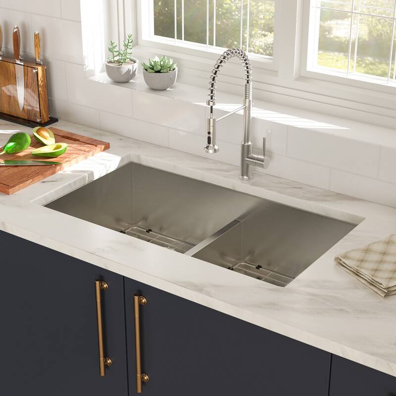 Undermount 16 Gauge Double Bowl Stainless Steel Kitchen Sink in Brushed Nickel