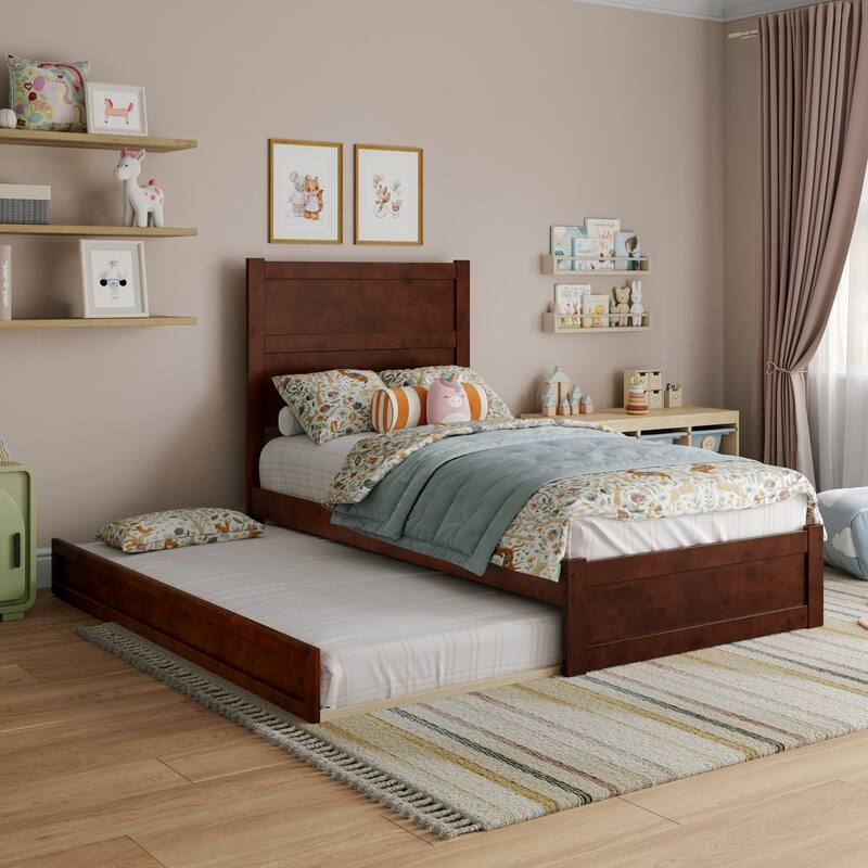Aveline Wood Platform Bed with Matching Footboard & Trundle - Walnut - Twin