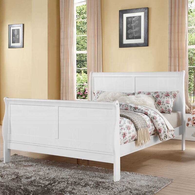 White Finish Queen Sleigh Bed with Wood Construction and 3 Slats
