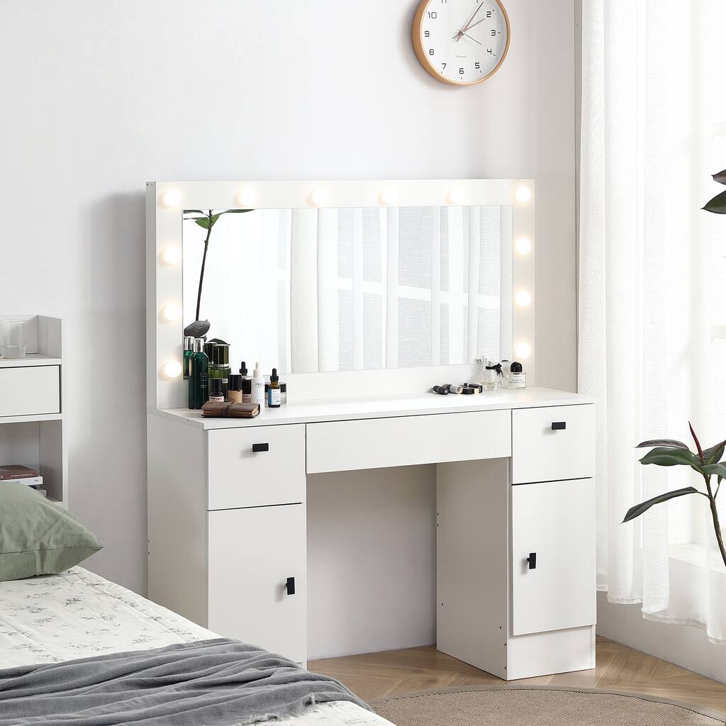 Antique White Vanity Desk with Large Mirror, LED Lights, and Ample Storage Space for Bedrooms