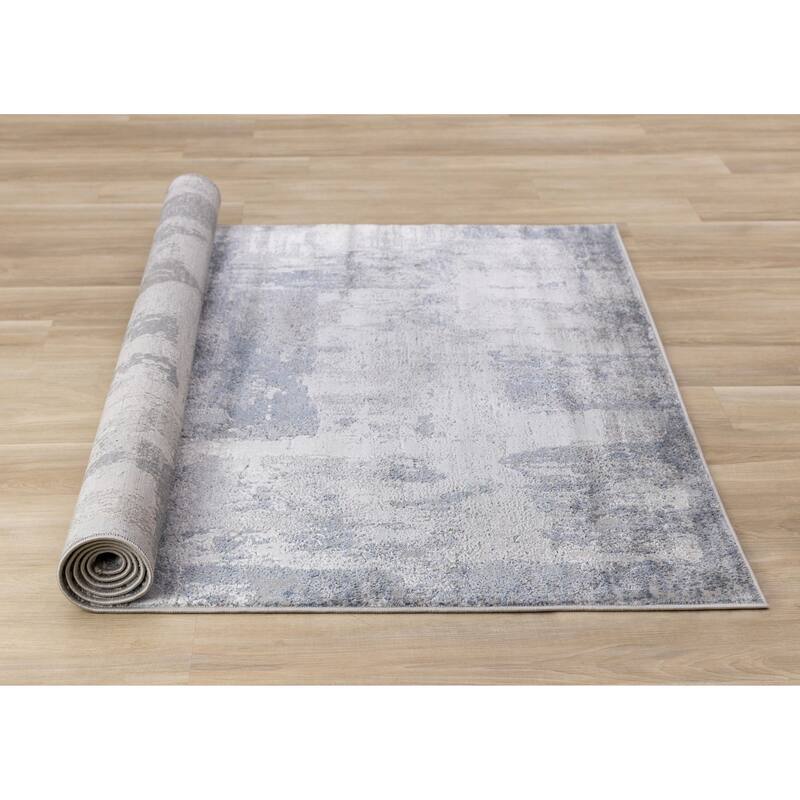 Emmett Collection - Sleek Soft Low-Pile Grey White Distressed Area Rug