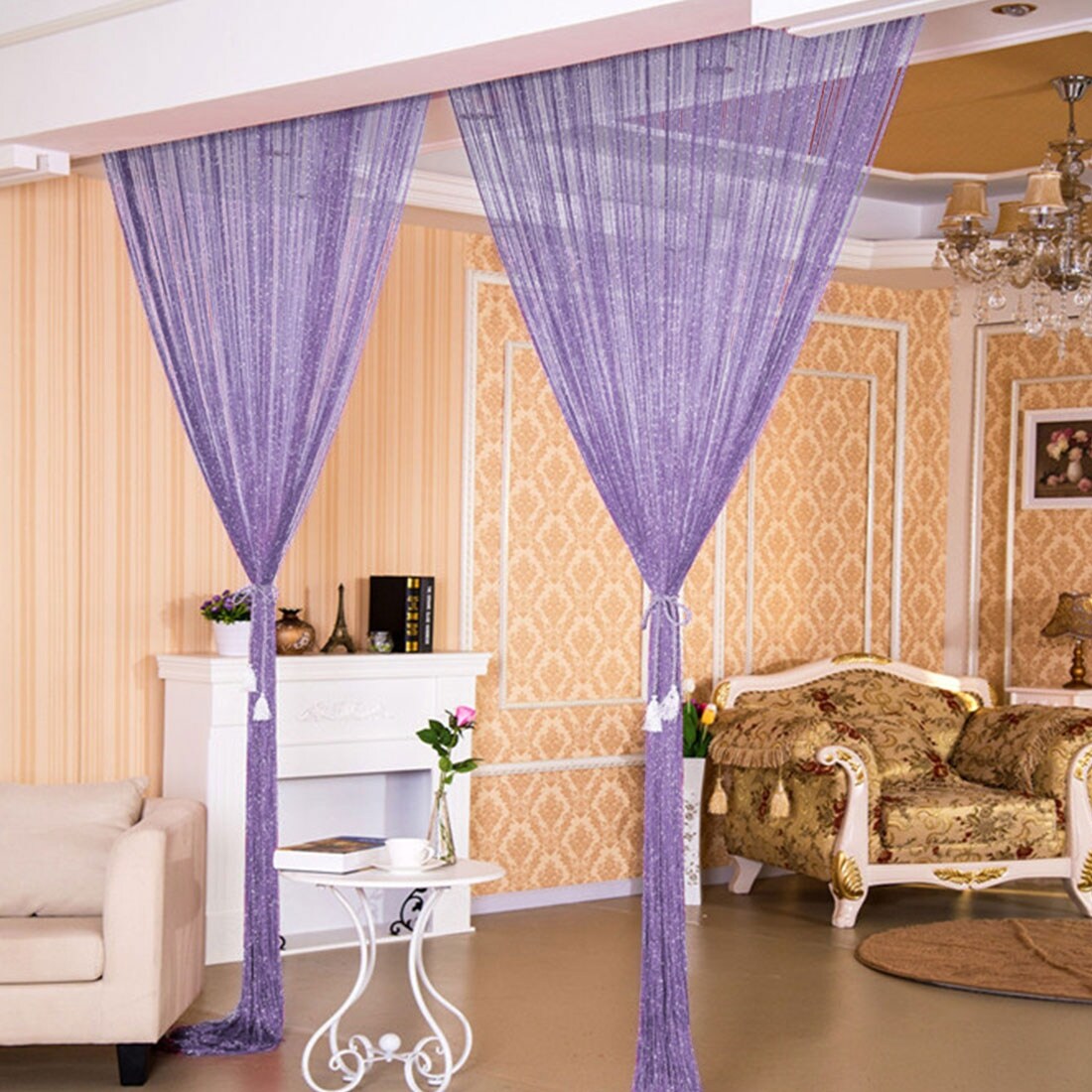 Glitter String Curtain Panel White 1 Pair 100cm x 200cm Easy to Fit