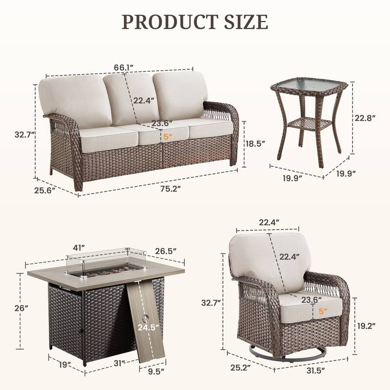 Pocassy Patio Sofa Ottoman Swivel Chair Table with Fire Table Set.