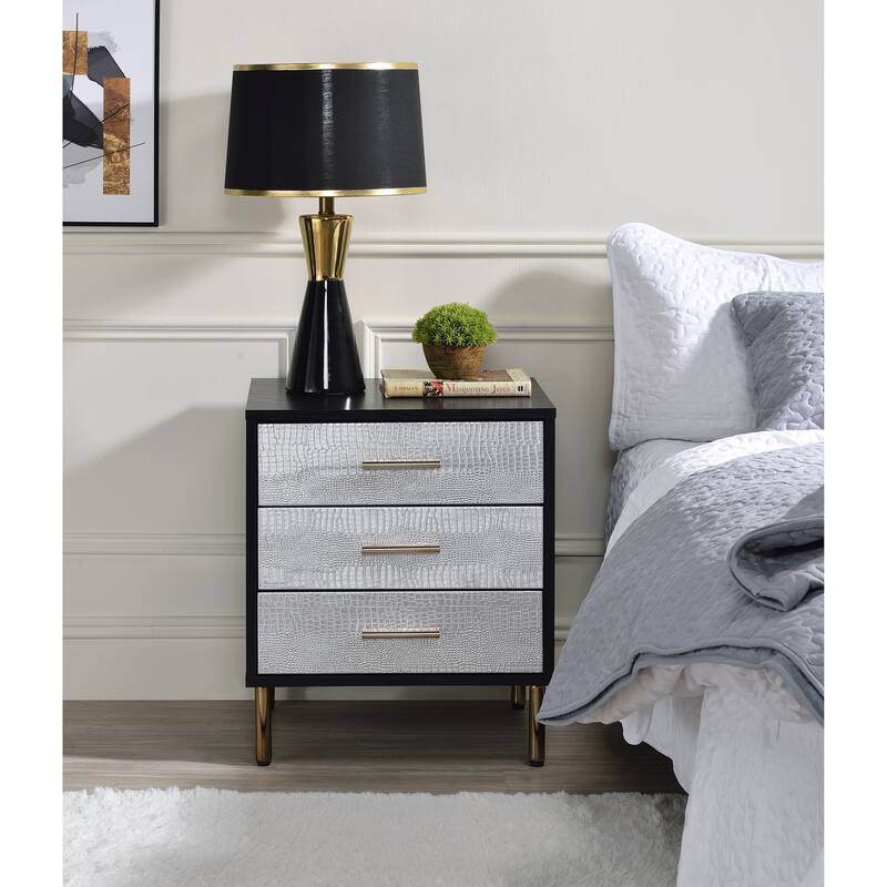 Black Nightstand with Faux Crocodile Print, Gold Metal Legs, and 3 Storage Drawers, 23" Tall, Hollywood Glam Style - Black