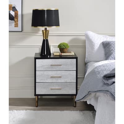 Black Nightstand with Faux Crocodile Print, Gold Metal Legs, and 3 Storage Drawers, 23" Tall, Hollywood Glam Style