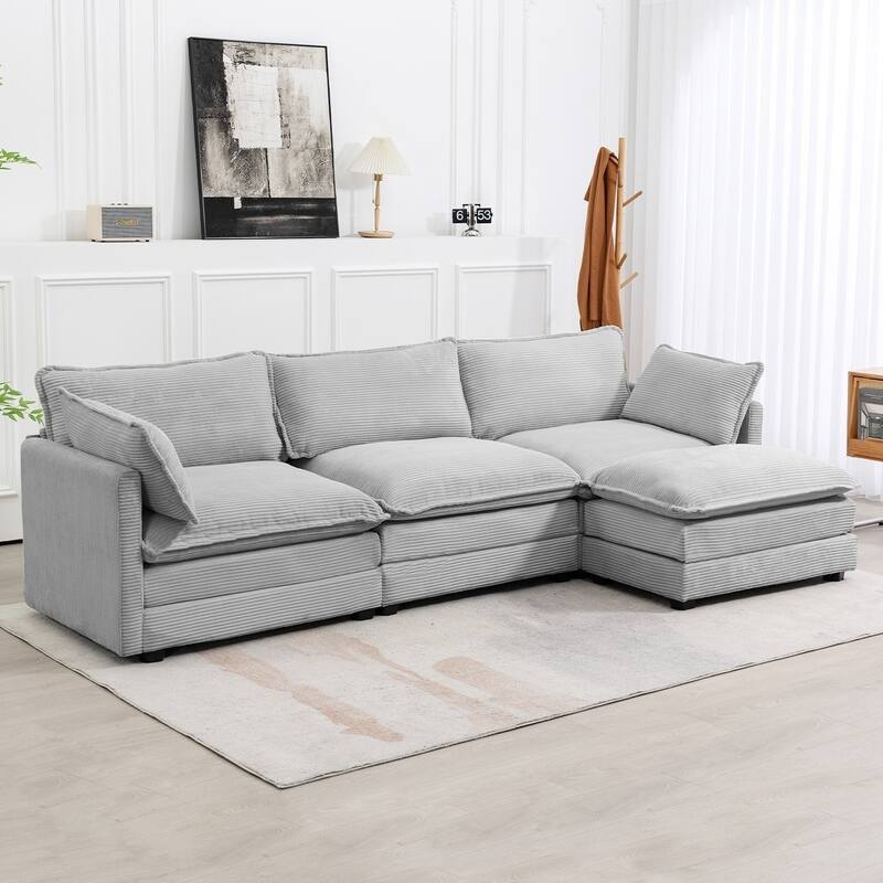 Corduroy Sectional Sofa with Removable Ottomans & Ultra-soft Cushions for Living Room & Bedroom - 3 Seats with 1 Ottoman - Mist Grey