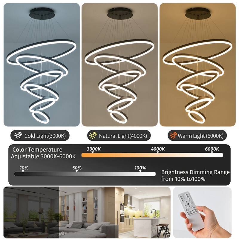 3-Rings Chandelier Modern LED Chandelier Black,Tiered 6 Ring LED Light