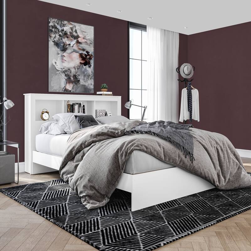 Polifurniture Madison Platform Bed with Bookcase Headboard - White - Queen
