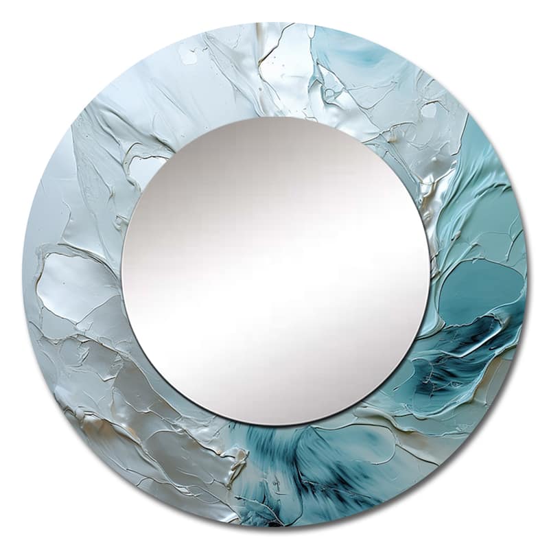 Designart "Silver Shimmer" Abstract Landscape Round Mirror - Modern Grey Round Bedroom Mirror Wall Decor