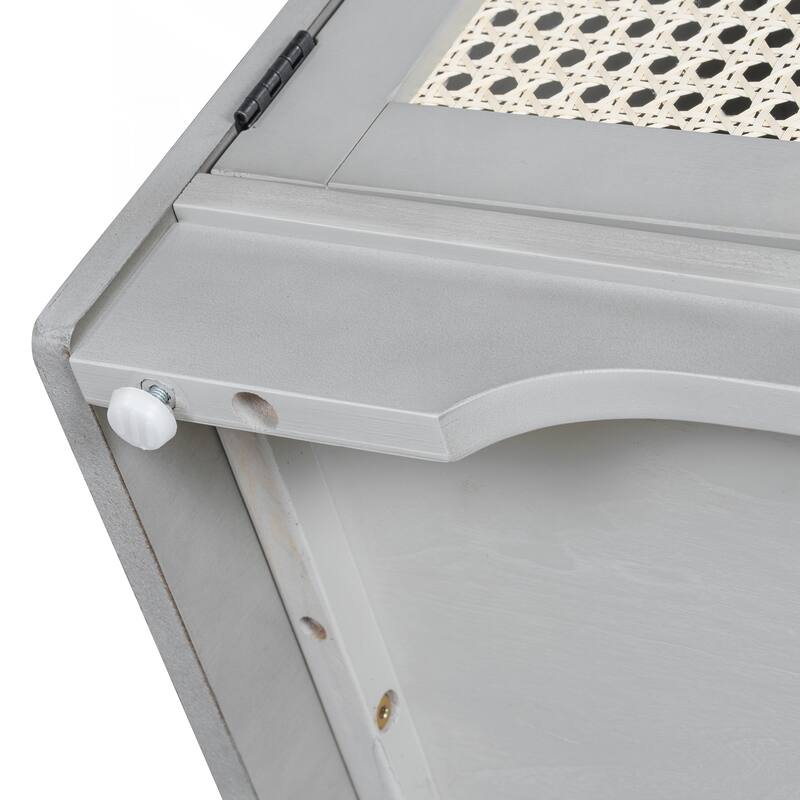 Rustic Storage Bench Multifunctional Wood Entryway Shoe Bench with Removable Cushion, Woven Rattan Doors & Adjustable Shelves