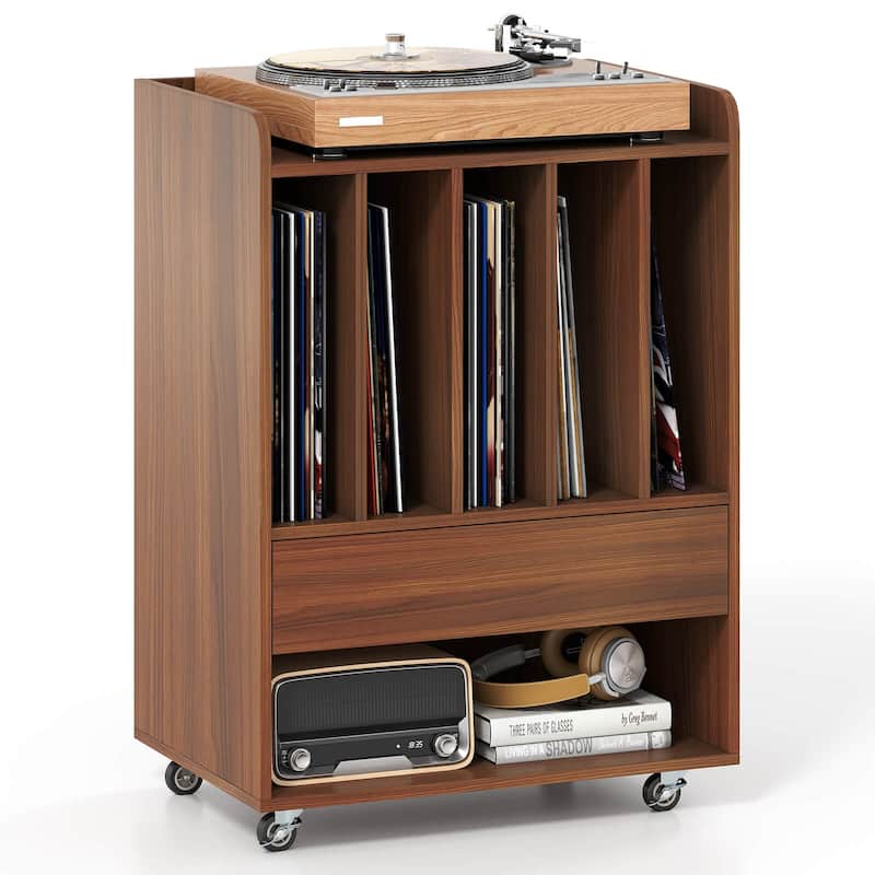Costway Record Player Stand with Drawer & Record Holder,Lockable - See Details - Walnut
