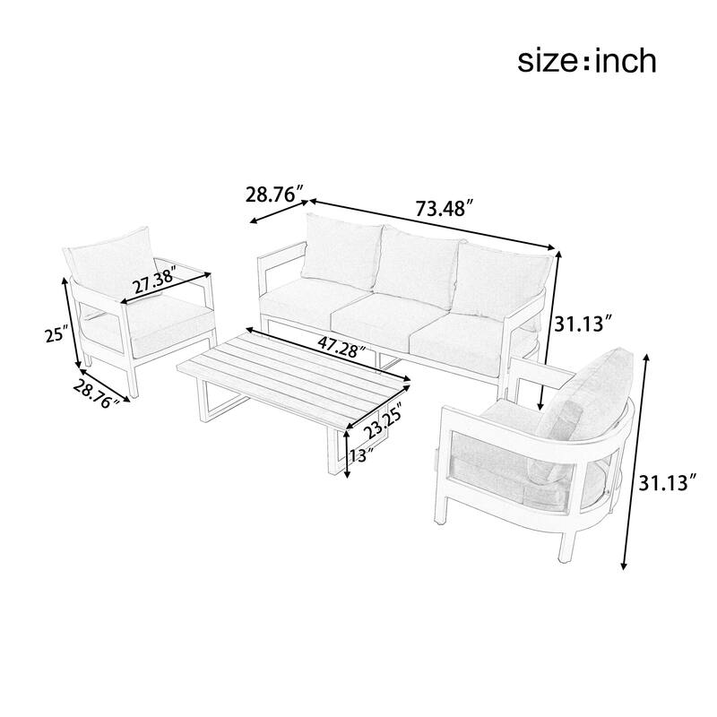 4 Piece Iron Patio Conversation Furniture Set with 3 Seater Sofa, 2 Single Chairs and Coffee Table
