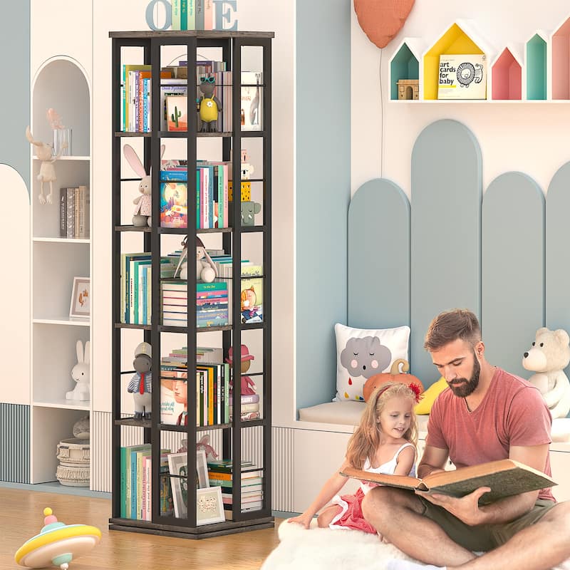 5-Tier Corner Rotating Bookshelf, 360 Display Wood Spinning Bookshelf, Floor Standing Bookcase Organizer Storage Rack