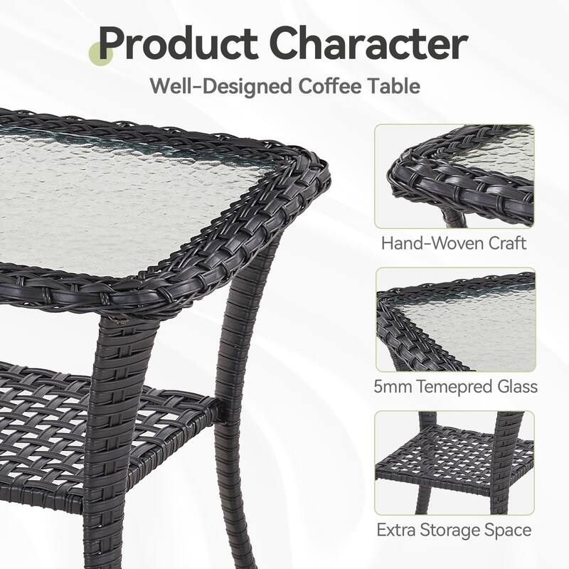 Outdoor Wicker Patio Coffee Table with Glass Top and Storage Shelf