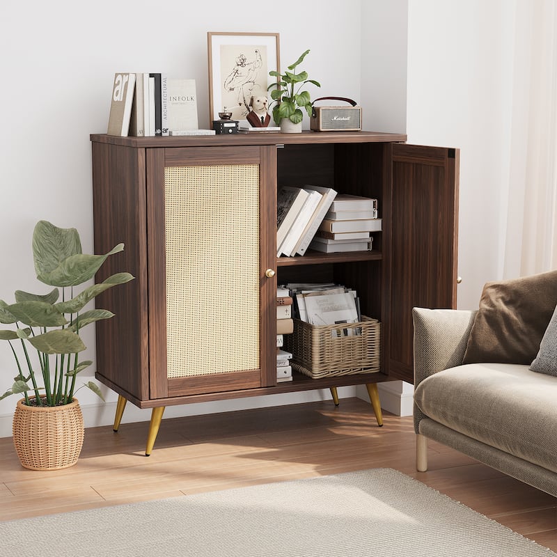 Farmhouse Rattan Storage Cabinet, Natural Buffet Sideboard - N/A