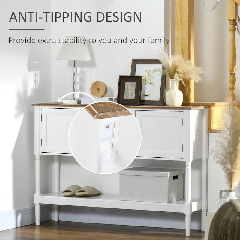 White MDF and Pine Retro Console Table with Storage, Handles and Anti-Tip - 45.25" W x 11.75" D x 32.25" H