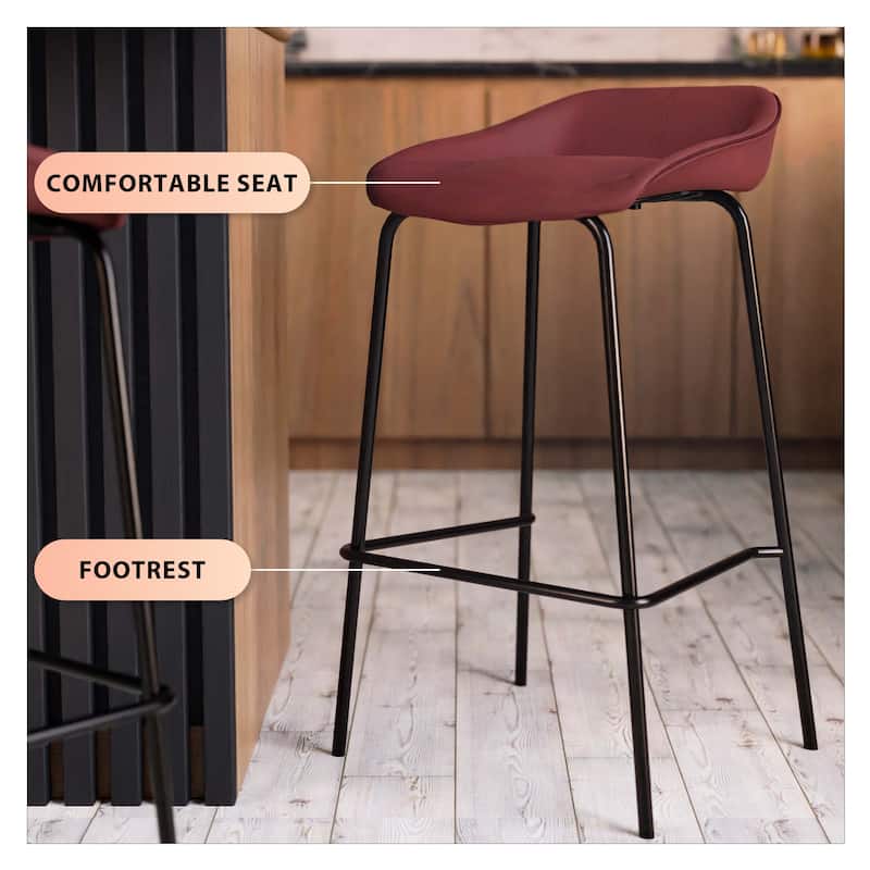 Servo Modern Leather Bar Stool with Saddle Seat, Low Back, Iron Base, Footrest, Cushioned Comfort for Kitchen & Home Bar