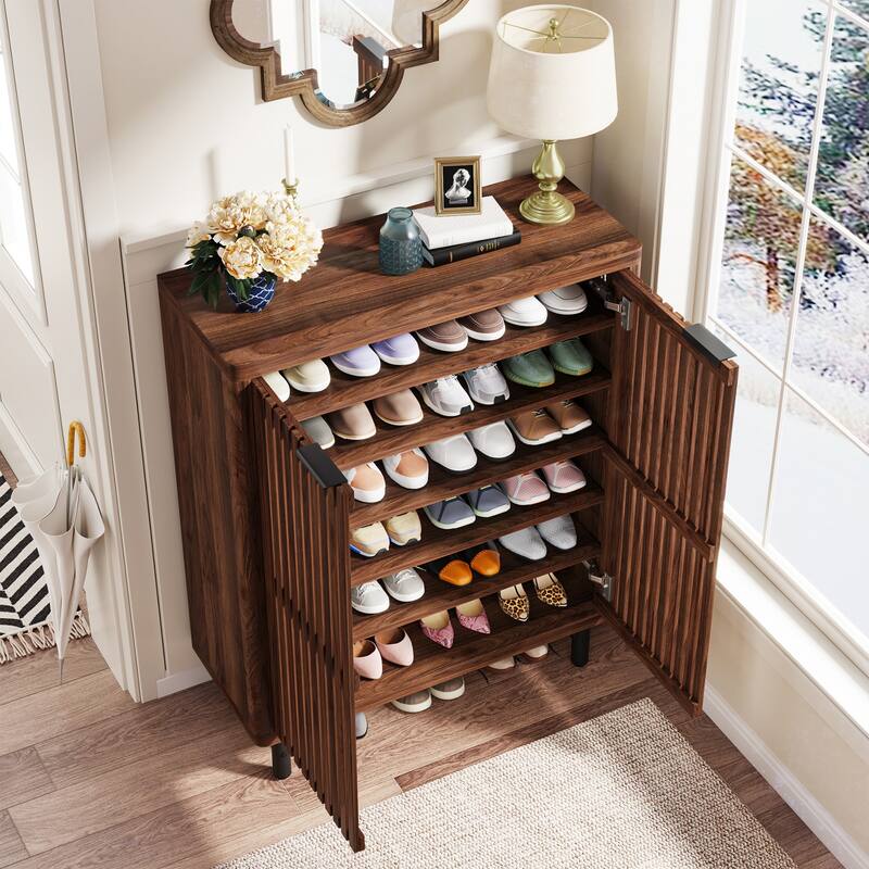 Wooden Shoe Cabinet with Shutter Doors, Adjustable Shelves Large Hidden Storage Organizer Rack for Entryway Hallway