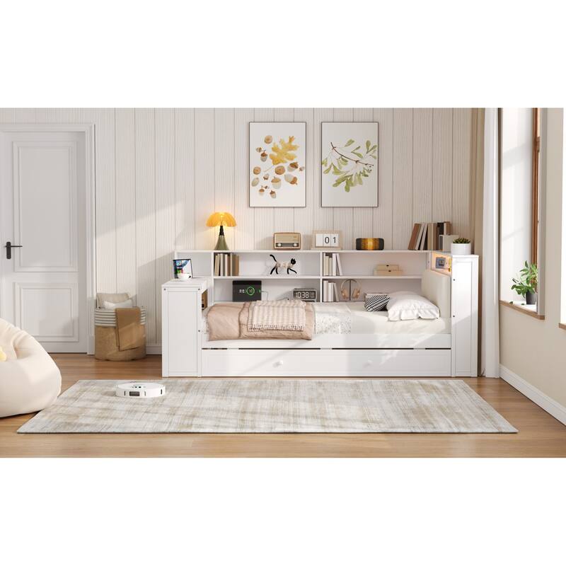 Roomfitters Twin/Full Platform Bed with Trundle, LED Headboard, Charging Station and Storage