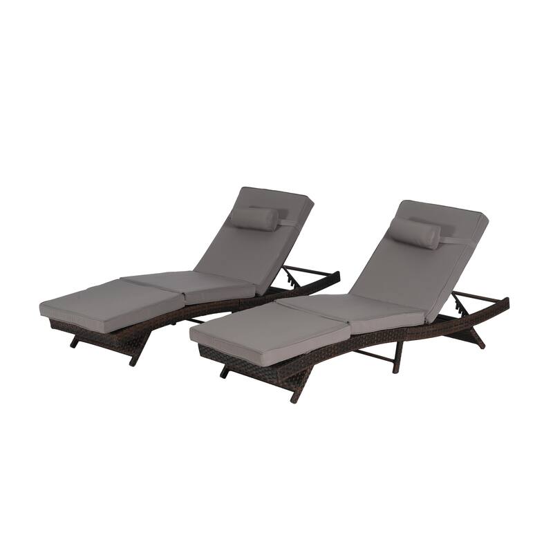 2 Piece Outdoor Wicker Long Reclining Chair Set, Sunbathing Recliner for Beach Poolside Garden
