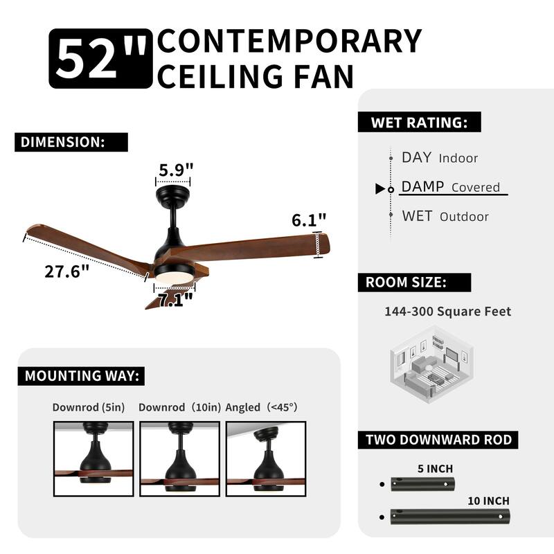 Moasis 3 Blades 52" Modern Remote Control Ceiling Fan with Lights