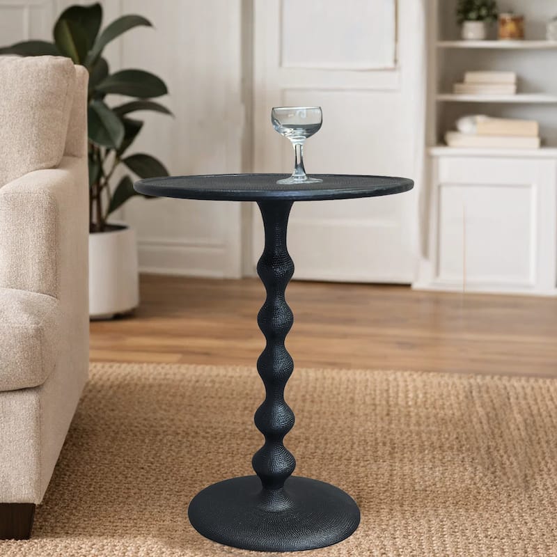 Shae 22 Inch Round Side End Table Matte Black Aluminum Cast, Hammered Texture, Turned Pedestal Post