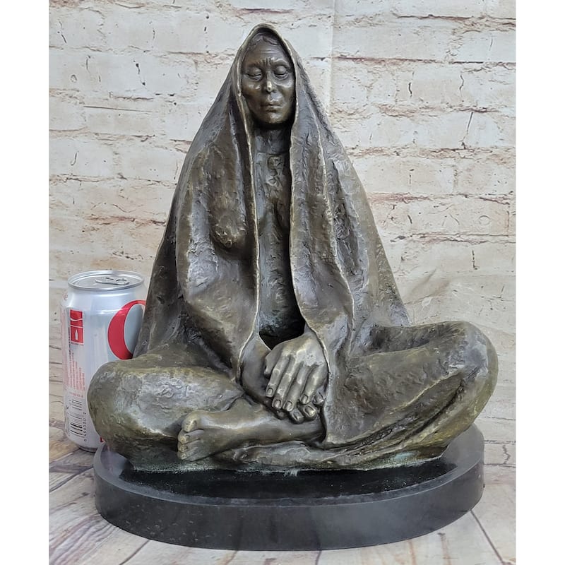 Native American Indian Shaman Medicine Man Sitting Cross Legged Bronze Statue Sculpture