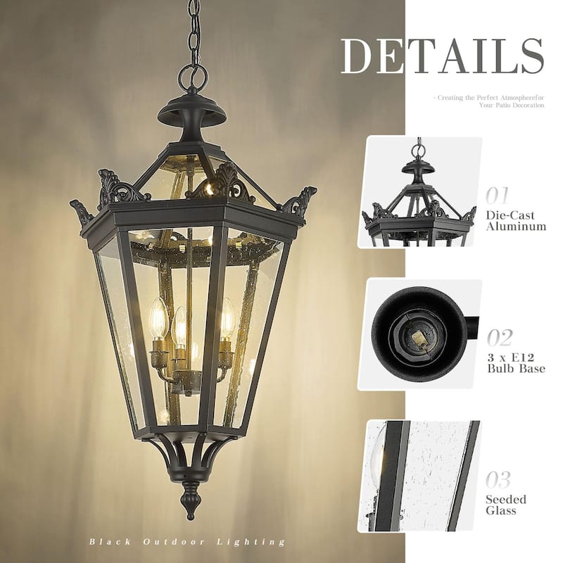 32 Inch Outdoor Pendant Ceiling Light with Seeded Glass, Taper Candle