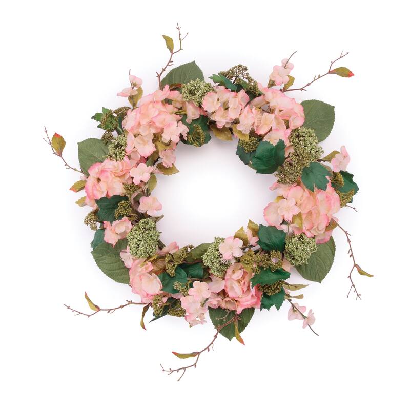 HomeRoots 35" Pink And Green Hydrangea Artificial Wreath