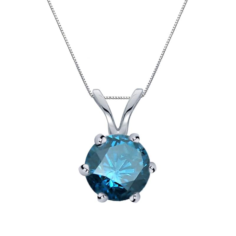 Auriya 14k Gold 1ctw Round Solitaire Blue Diamond Necklace 6-Prong (SI2-SI3) - White