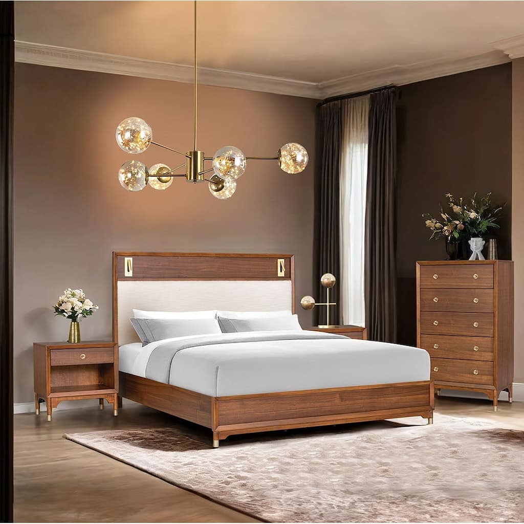 Modern Walnut Finish 3PC Bedroom Set LED Bed USB Port Nightstand Chest