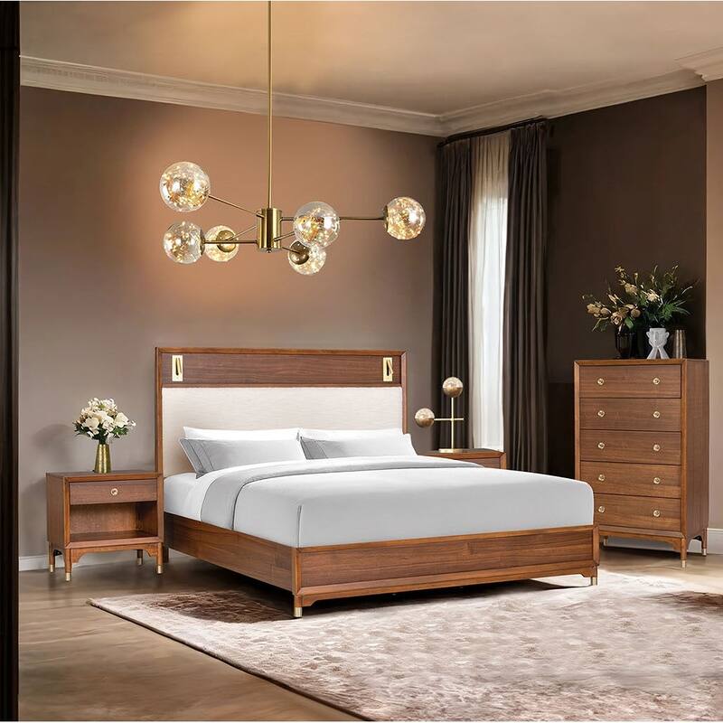 Modern Walnut Finish 3PC Bedroom Set LED Bed USB Port Nightstand Chest