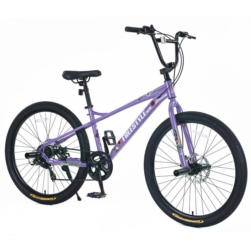 Freestyle Kids Mountain Bike, 26-inch, Shimano 7-Speed, Double Disc Brakes, Purple Bicycle for Boys & Girls 12+ Years - Purple