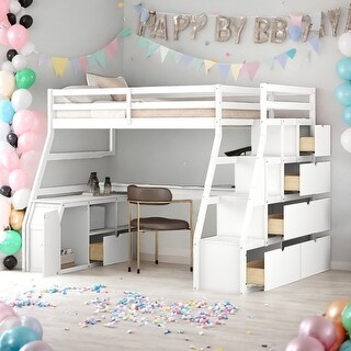 Twin Size Playhouse Loft Bed with 7 Drawers 2 Shelves and Desk, White