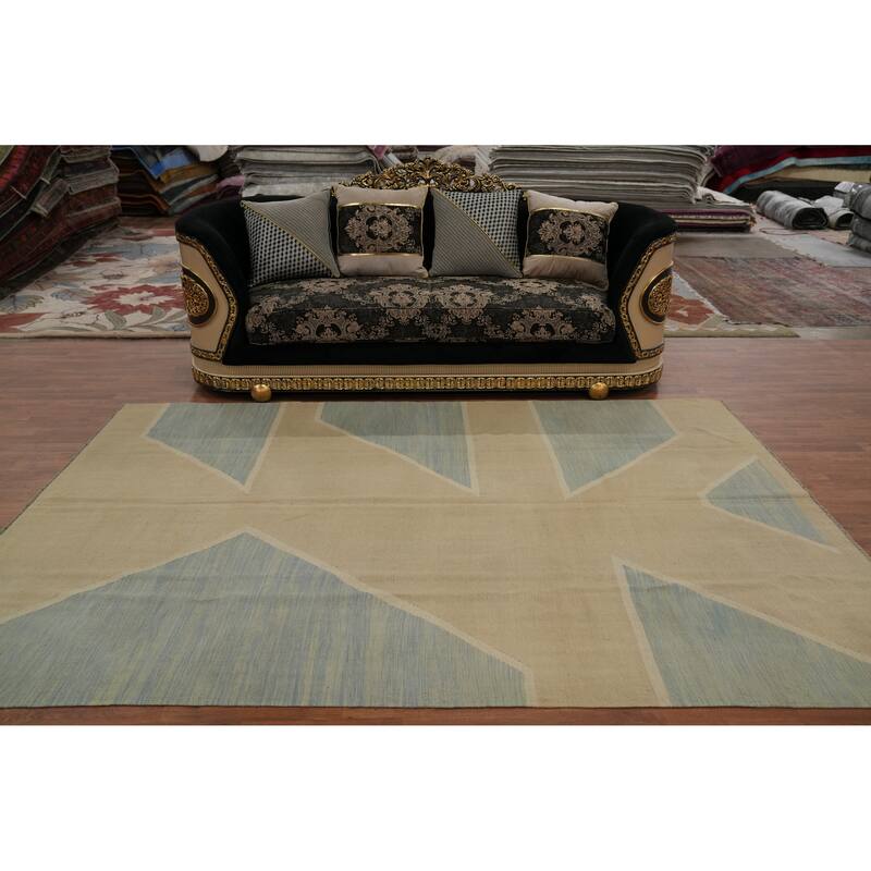 Hand Woven Oriental 100% Wool Carpet Southwestern Modern Beige & Ivories Kilim Area Rug - 9' 9'' X 6' 6''