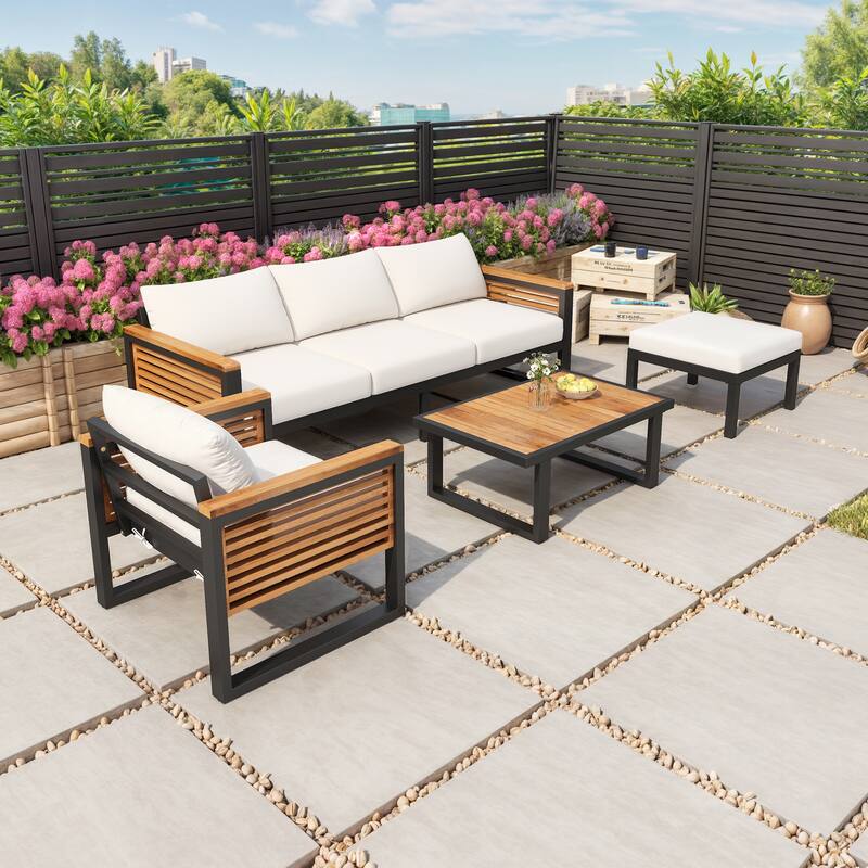 Outdoor Sectional Sofa Set with Ottoman and Coffee Table, L-shape Recliner Couch with Chaise Lounge, Acacia Wood Sofa Set - Beige Teak Black 4 PCS