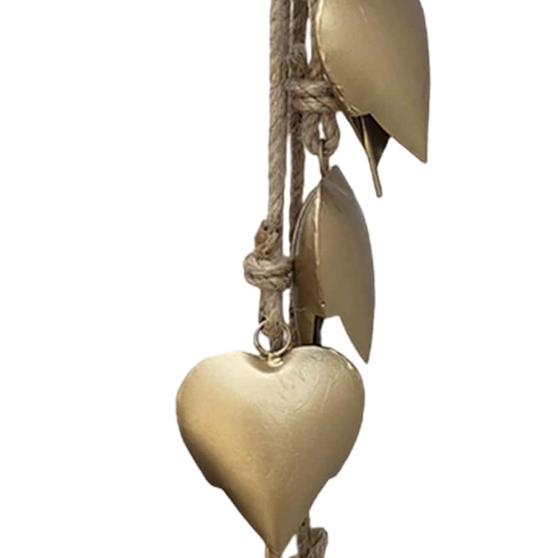 Zema 6 Heart Shape Iron Bells on 35 Inch Jute Hanging Rope, Antique Gold Wall Decor