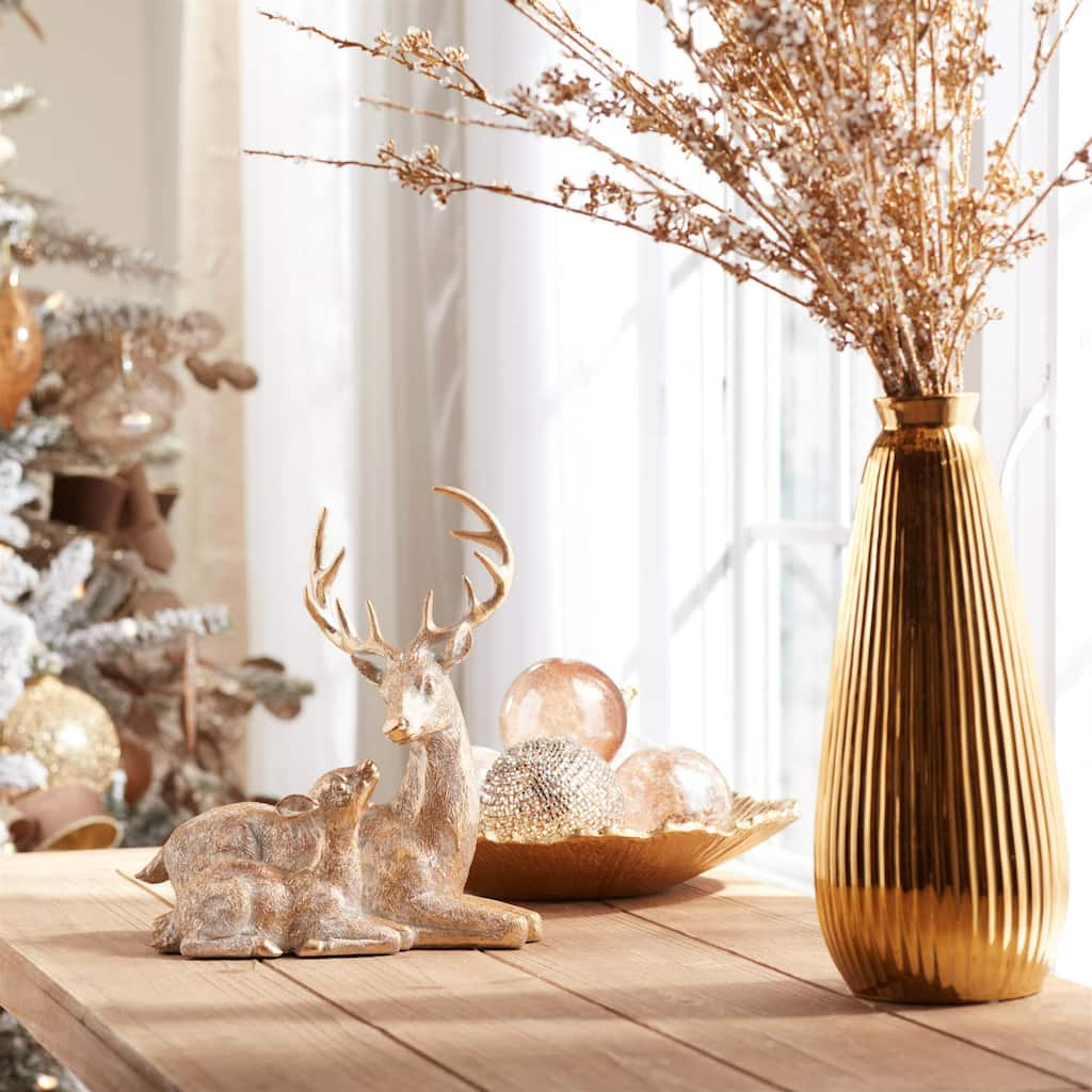 Deer with Fawn Figurine Christmas Decorations - 10" - Gold - Set of 2
