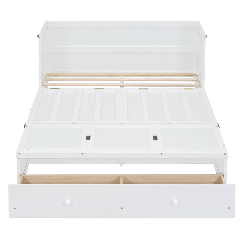 Space-Saving White Full Size Murphy Bed with USB Ports and Large Storage Drawer