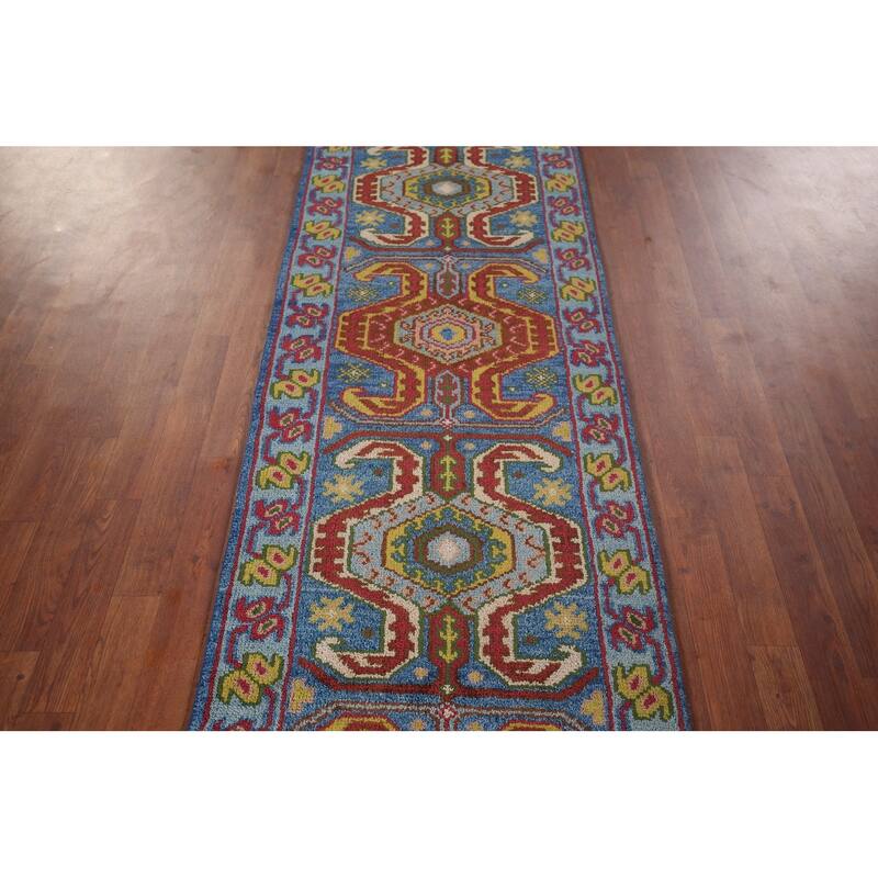 Geometric Blue Kazak Oriental Runner Rug Handmade Wool Carpet - 2'5"x 9'10"