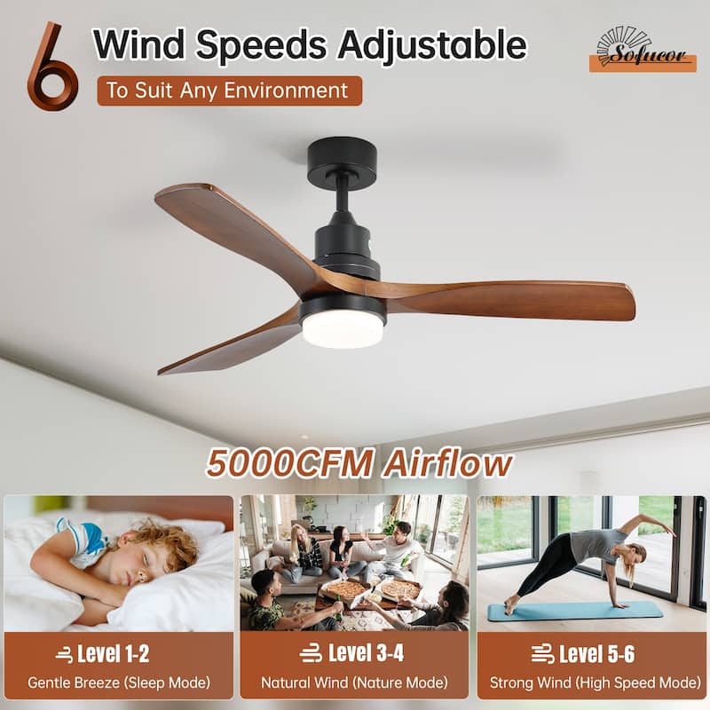 60 Inch Solid Wood Ceiling Fan with Light and Remote, Reverse Functions, Integrated Light Optional